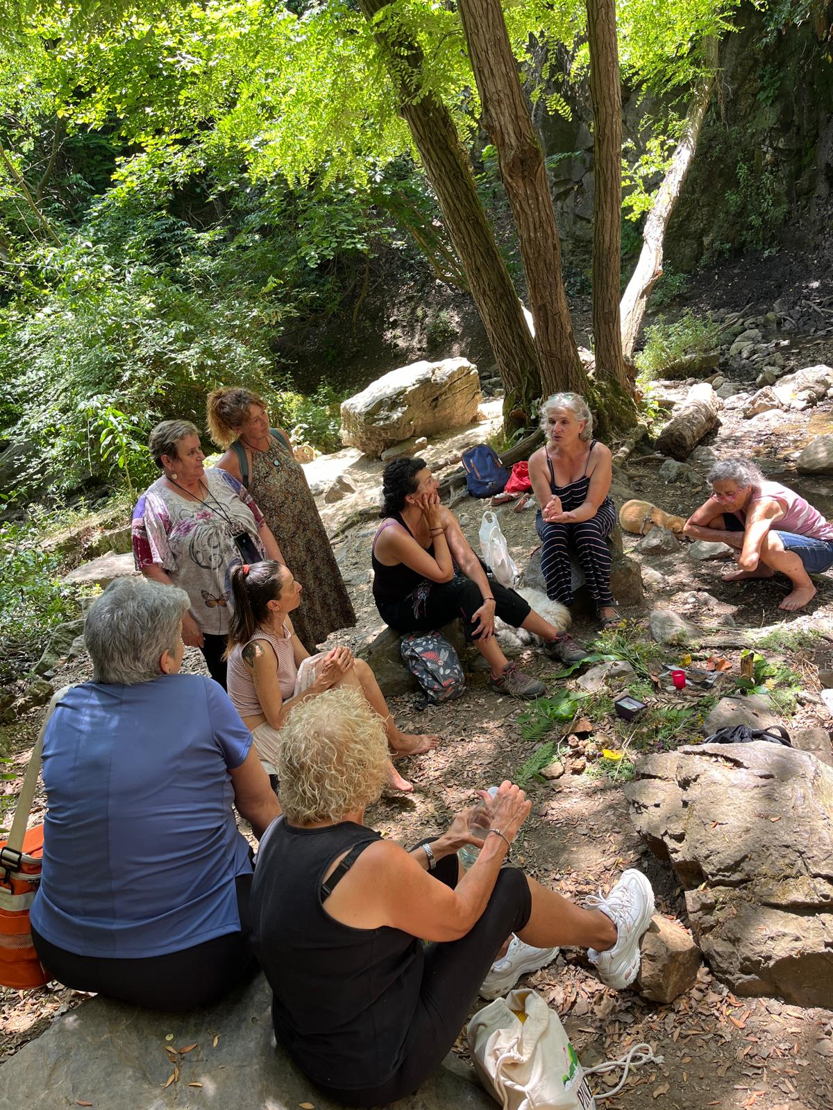Círculo de participantes sentadas entre árboles durante una paseada aromática de verano